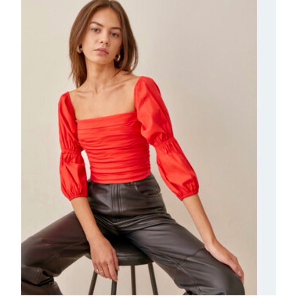 Reformation Red Ruched Puff Sleeve Crop Top Square Neck Zip Back Size 4